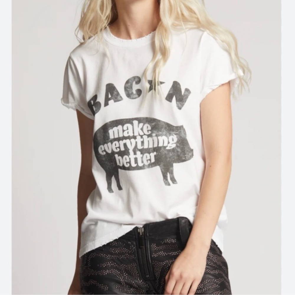 Recycled Karma Odd People White Graphic T-Shirt Bacon Makes Everything Better
